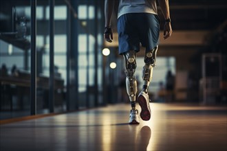 Amputee sportsman walking in corridor with bionic prosthetic legs prosthesis with robotic