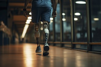 Amputee sportsman walking in corridor with bionic prosthetic legs prosthesis with robotic