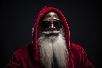 A modern black Santa Claus in Santa hat with sunglasses and a long white beard, smiling looking at