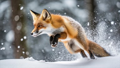 A red fox in winter fur jumps in the snow in a winter landscape, AI generated