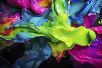 Abstract background of vibrant colorful neon colored paint splashes on black background, AI