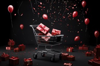 A black Friday Sale concept, black present boxes with red ribbons in shopping cart on a black