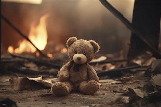 A poignant concept image depicting the tragic impact of war on children. A sad teddy bear toy sits