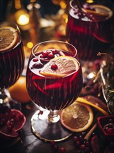 Glass of traditional mulled wine with orange and cranberry garnishes on a cozy Christmas table. The