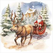 A watercolor drawing illustration of Santa Claus sleigh ride with reindeer, in the style of