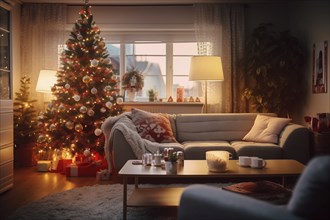 A cozy interior living room decorated for Christmas with a Christmas tree with presents gift boxes.