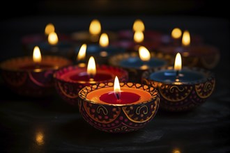 Diwali indian festival of lights background, burning diya lamps on a decorated table close up, AI