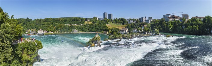 Aerial panorama of the Rhine Falls, viewing terrace on the left, Neuhausen, Canton Schaffhausen,