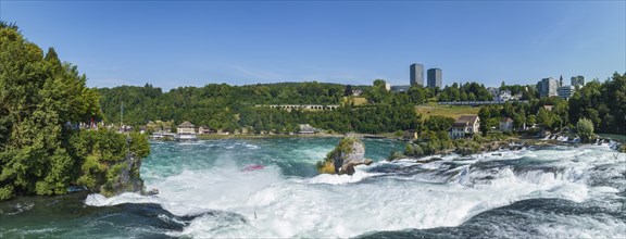 Aerial panorama of the Rhine Falls, viewing terrace on the left, Neuhausen, Canton Schaffhausen,