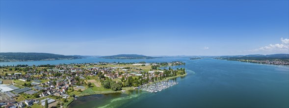 Aerial panorama of the western part of the island of Reichenau, on the horizon from the left the