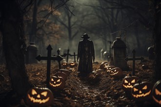 Halloween concept, spooky graveyard at night under full moon with Halloween jack-o-lantern pumpkins