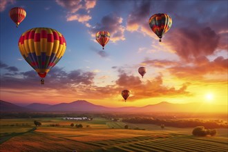 A colorful hot air balloons floats in sky over a blooming field meadow of flowers landscape at