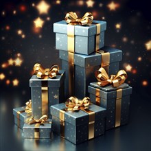 A pile of blue Christmas presents gift boxes on blue background. The image captures the festive