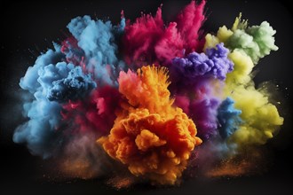 Holi background, vibrant and colorful powder smoke explosion on black background, AI generated