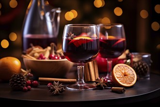 Two glasses of traditional mulled wine with orange and cranberry garnishes on a cozy Christmas