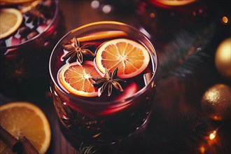 Glass of traditional mulled wine with orange and cranberry garnishes on a cozy Christmas table. The