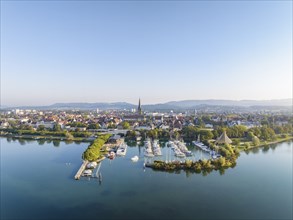 Aerial view of the town of Radolfzell on Lake Constance with the WÃ¤schbruckhafen, harbour pier,