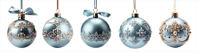 Set of beautifully decorative light blue christmas tree ornaments isolated on white. generative AI