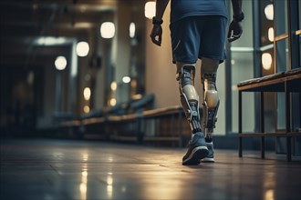 Amputee sportsman walking in corridor with bionic prosthetic legs prosthesis with robotic