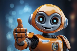 Orange robot showing a thumbs up gesture. The friendly robot has big round eyes and a friendly