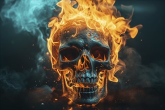 Spooky and scary burning skull on a dark blue background. Perfect for Halloween or horror-themed