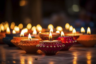 Diwali indian festival of lights background, burning diya lamps on a decorated table close up, AI