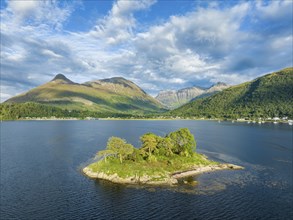 Aerial view of the western part of Loch Leven with the historic Isle of Discussion, above it the