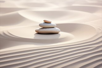 Zen stones stack on raked sand waves in a minimalist setting for balance and harmony. Balance,