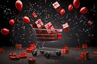 A black Friday Sale concept, black present boxes with red ribbons in shopping cart on a black