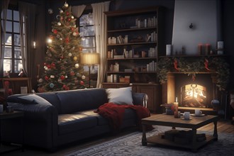 A cozy interior living room with burning fireplace decorated for Christmas with a Christmas tree.