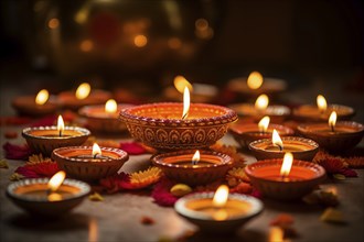 Diwali indian festival of lights background, burning diya lamps on a decorated table close up, AI