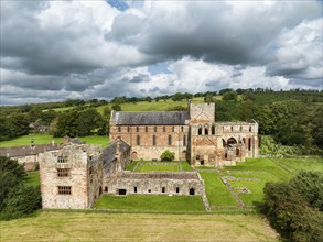 Aerial view of Lanercost Priory, ruined church and former monastic site, County Cumbria, England,