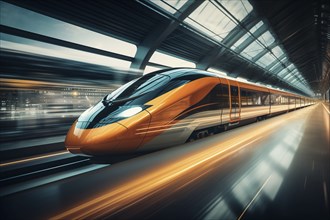 Modern high speed train in a futuristic train station. Modern transportation technology, speed,