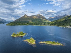 Aerial view of the western part of the freshwater loch Loch Leven with a group of islands, far left