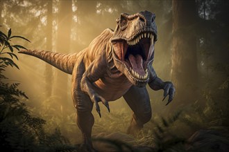 Tyrannosaur rex roaring in a prehistoric forest with lush vegetation, ferns and sunlight, AI