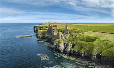 Aerial view of Girnigoe and Sinclair Castle ruins, rock castle on the North Sea coast, Wick, County