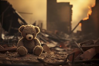 A poignant concept image depicting the tragic impact of war on children. A sad teddy bear toy sits