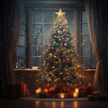 A cozy interior living room decorated for Christmas with a Christmas tree with presents gift boxes.