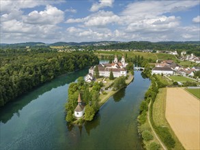 Aerial view of the former Benedictine abbey with the monastery church of St. Mary and the pointed