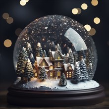 Winter Wonderland with house and trees in Glass Ball Snow Globe on table and blurred bokeh