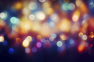 An abstract and colorful defocused blurred bokeh background with bright lights and festive