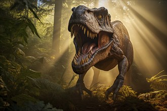 Tyrannosaur rex roaring in a prehistoric forest with lush vegetation, ferns and sunlight, AI