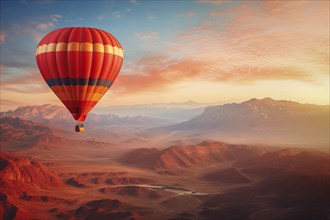 A colorful hot air balloon floats in sky over a desert mountain landscape at sunset with orange and