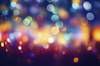 An abstract and colorful defocused blurred bokeh background with bright lights and festive