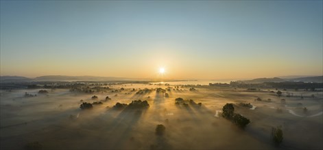 Aerial panorama of the Radolfzeller Aachried at sunrise and ground fog, on the horizon the western