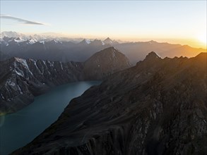 Evening mood, mountain panorama, aerial view, 4000 metre peak with glacier, mountain pass and