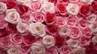 Valentine day background of close-up view of a beautiful mix of pink, red and white roses,