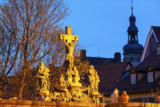 Crucifixion group at the town hall, historic old town, blue hour, Bamberg, Lower Franconia,