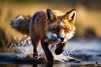 Red fox mid hunt front view on water, AI generated