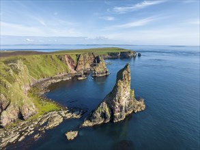 Aerial view of the rugged coastal landscape with the Duncansby Stacks, Duncansby Head coast, County